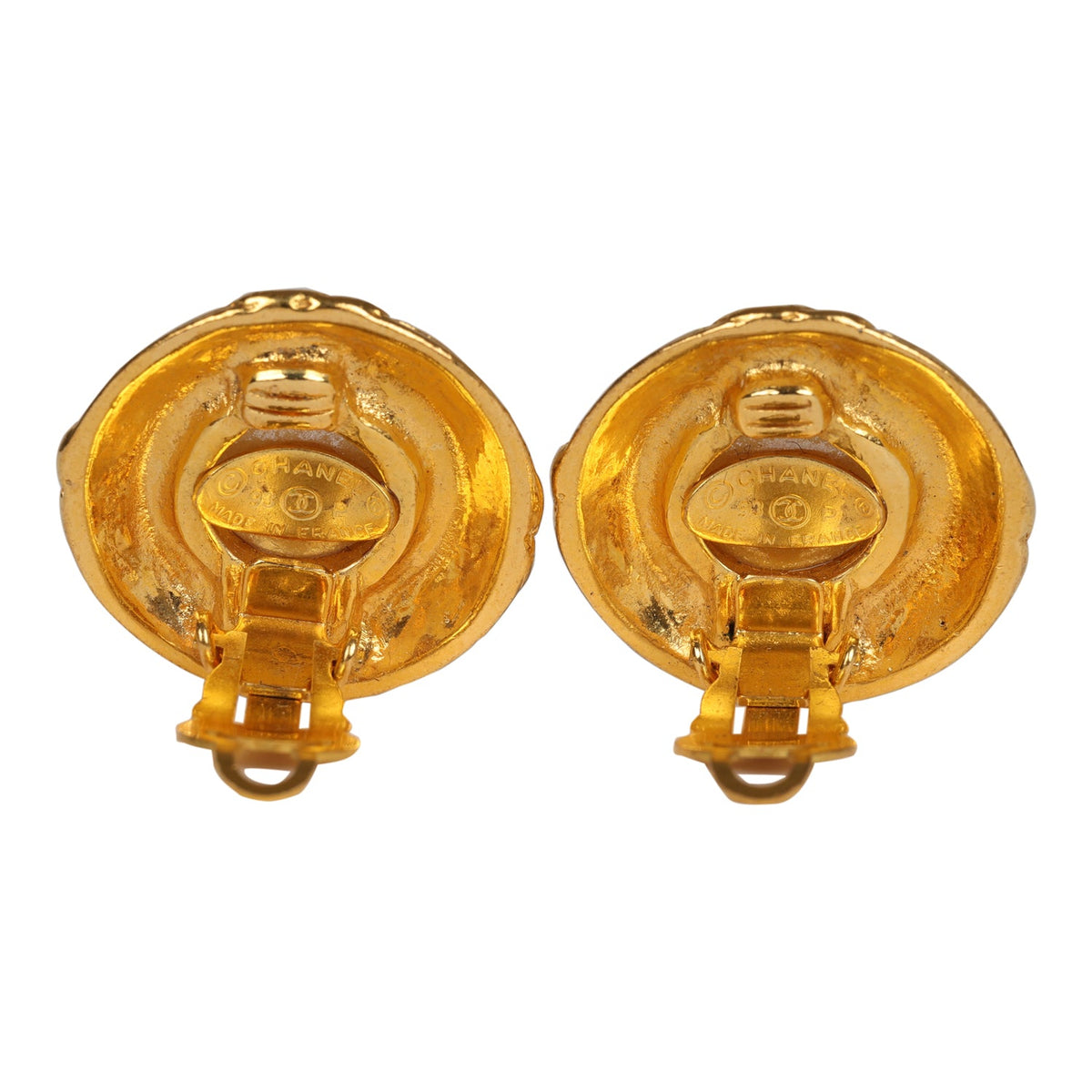 Vintage Chanel 24K Gold Plated Pearl Round CC Button Clip On Earrings
