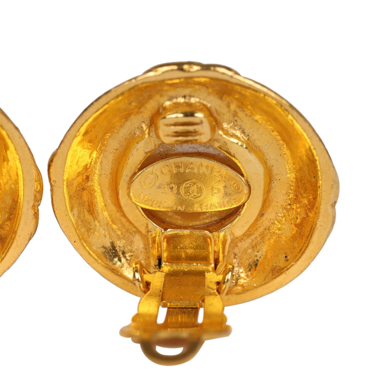 Vintage Chanel 24K Gold Plated Pearl Round CC Button Clip On Earrings