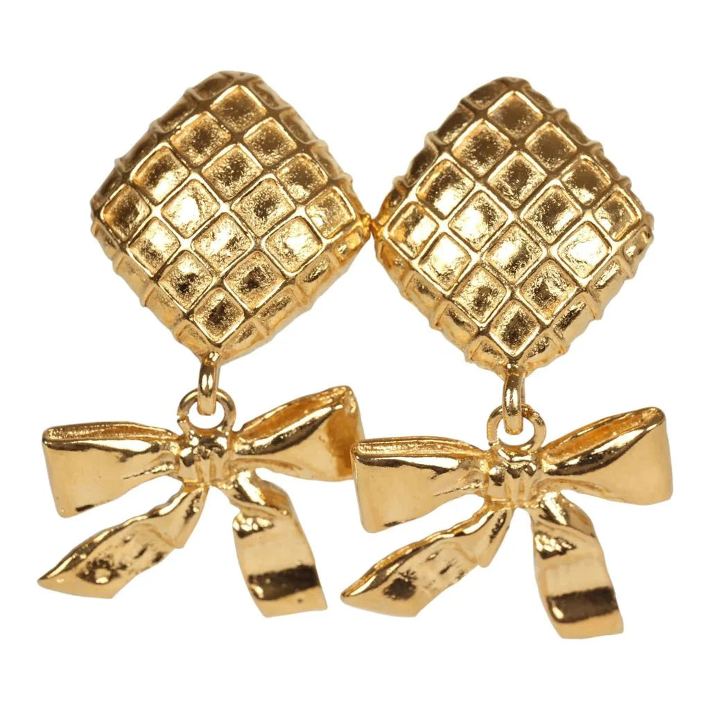 Vintage Chanel 24K Gold Plated Dangle Bow Clip On Earrings