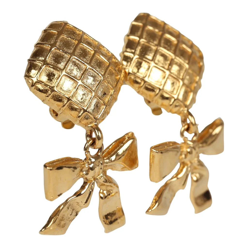 Vintage Chanel 24K Gold Plated Dangle Bow Clip On Earrings