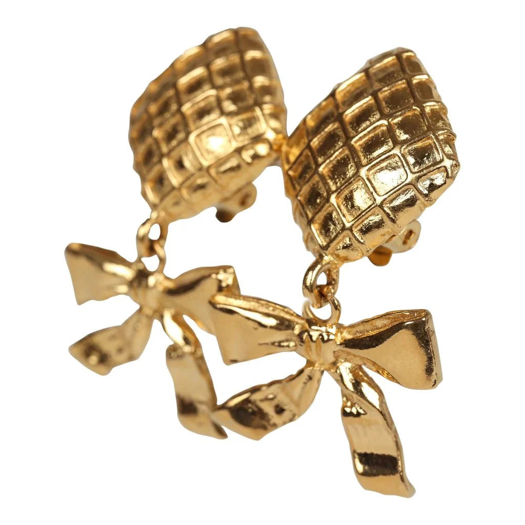 Vintage Chanel 24K Gold Plated Dangle Bow Clip On Earrings