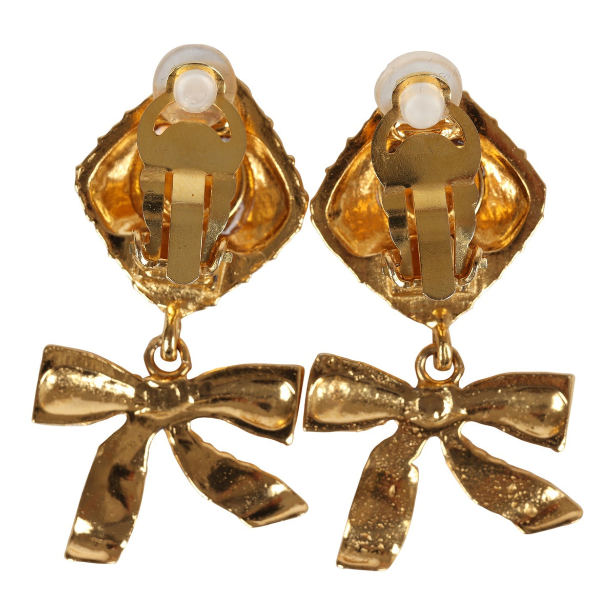 Vintage Chanel 24K Gold Plated Dangle Bow Clip On Earrings