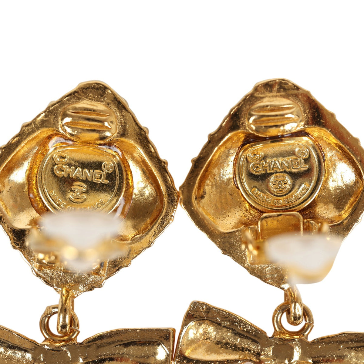 Vintage Chanel 24K Gold Plated Dangle Bow Clip On Earrings