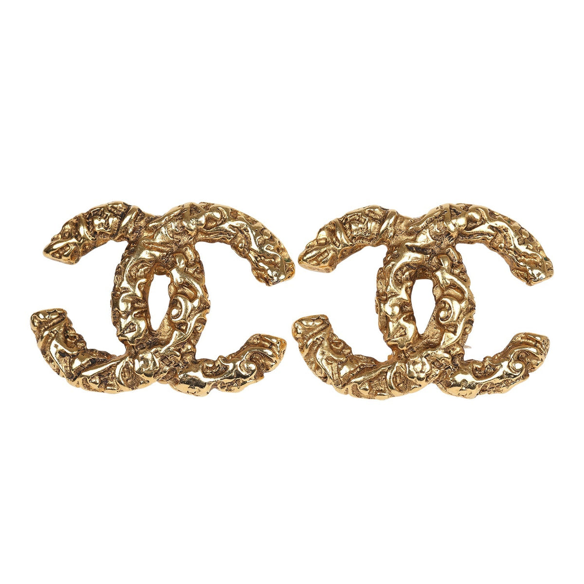 Vintage Chanel 24K Gold Plated Florentine CC Earrings