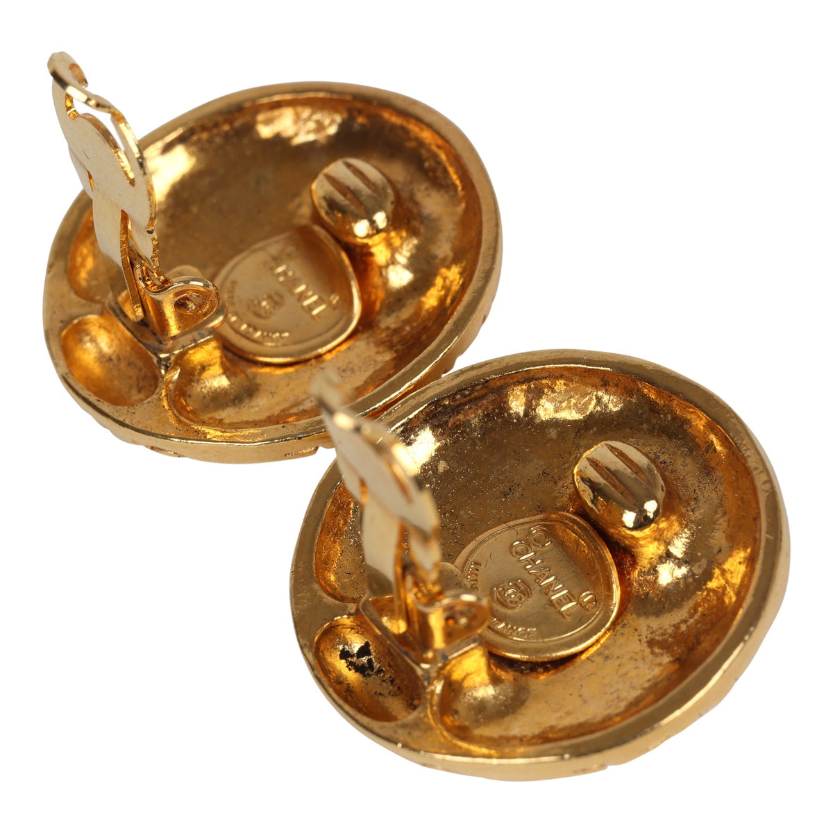 Vintage Chanel 24K Gold Plated Round Coco Mademoiselle Earrings