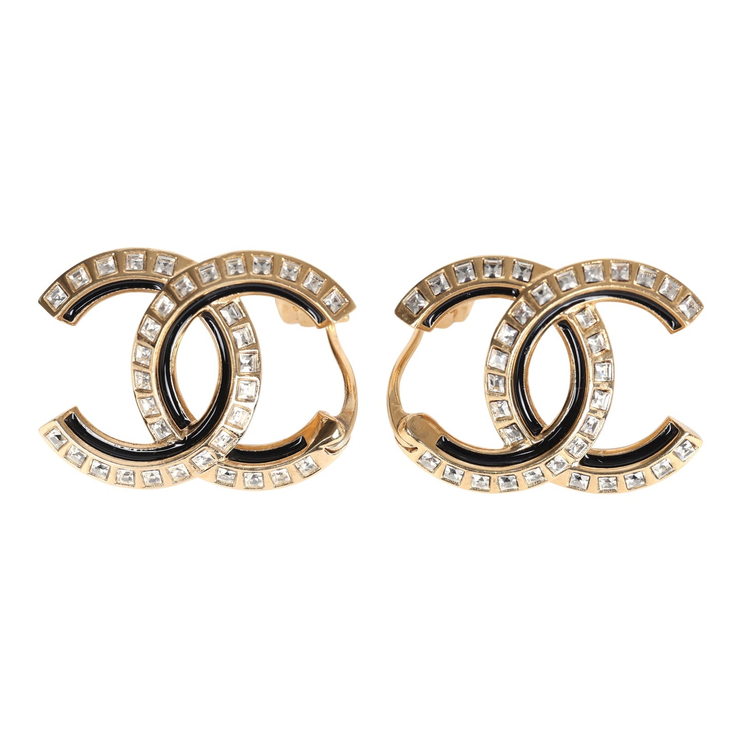 Chanel Crystal CC Earrings Black Enamel & Gold Hardware