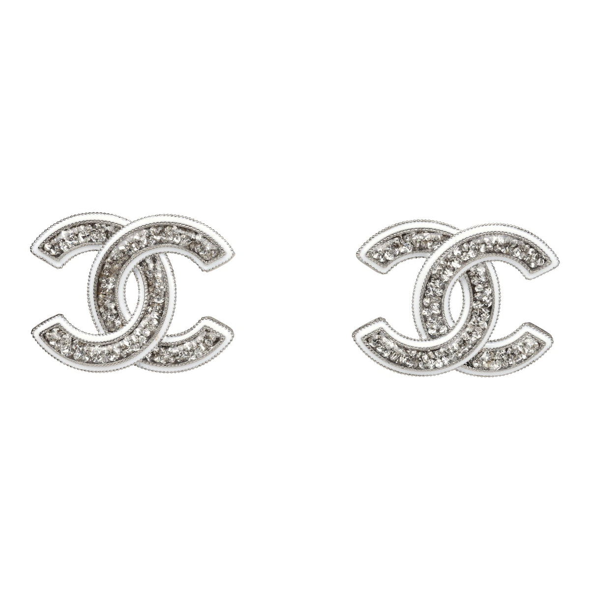 Chanel Large Lucite CC Crystal Stud Earrings White Enamel and Silver Hardware