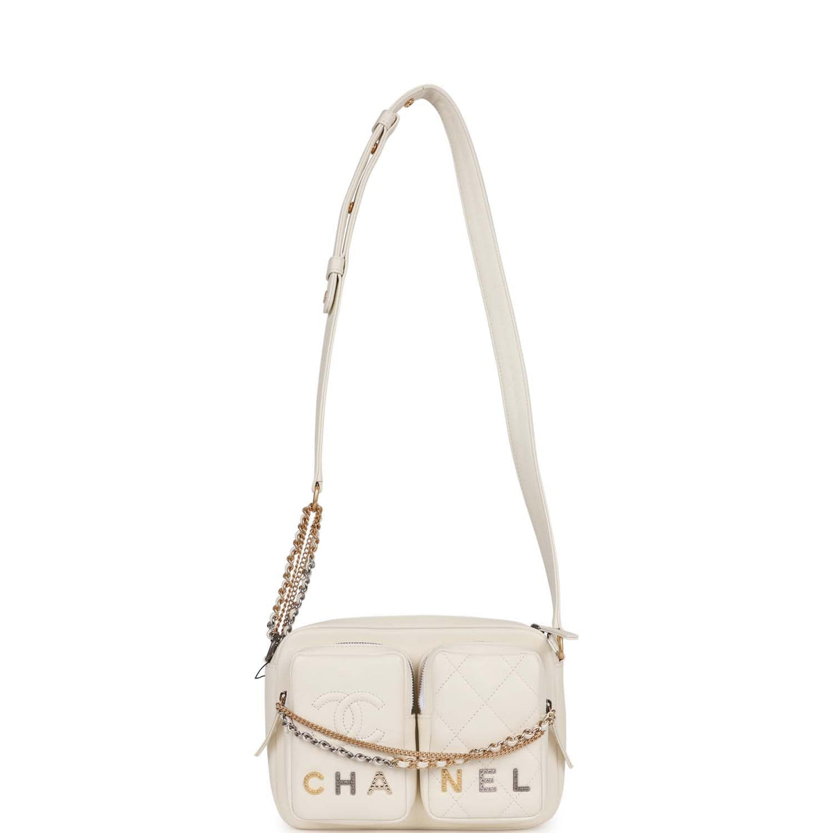 Chanel Small Camera Bag White Calfskin Mixed Metal Hardware