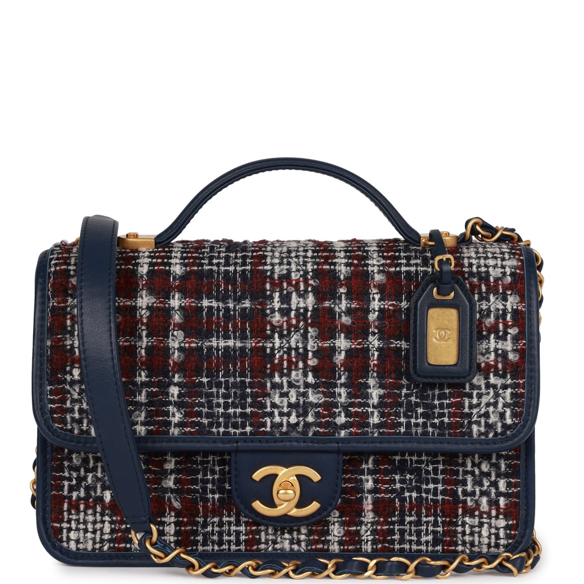 Chanel Medium School Memory Flap Bag with Top Handle Navy Multicolor Tweed Aged Gold Hardware