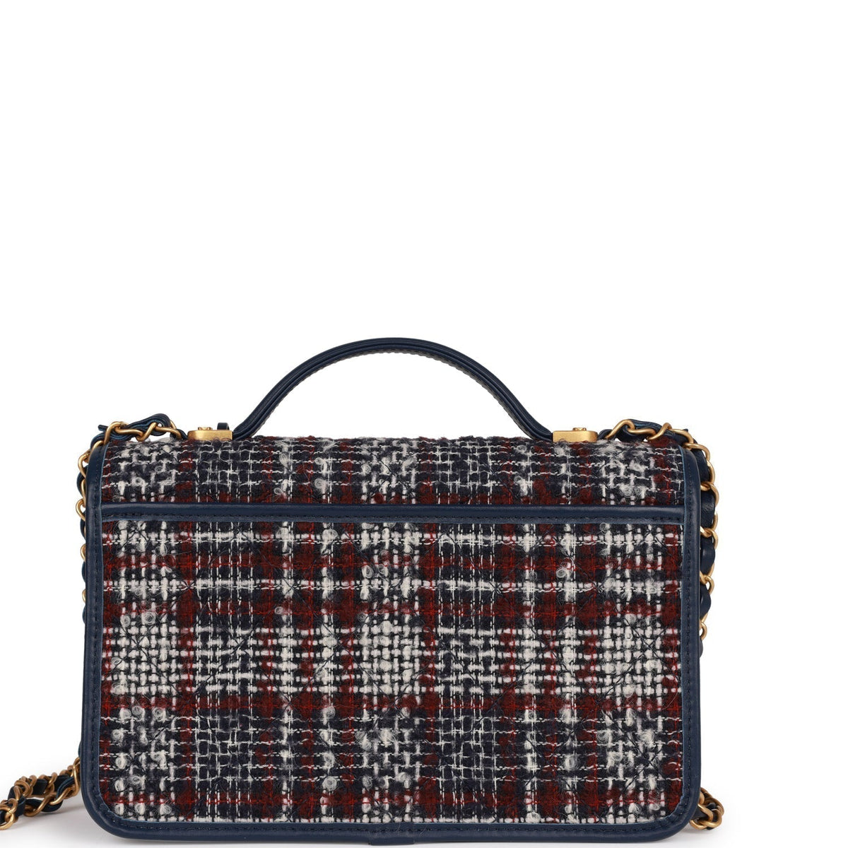 Chanel Medium School Memory Flap Bag with Top Handle Navy Multicolor Tweed Aged Gold Hardware