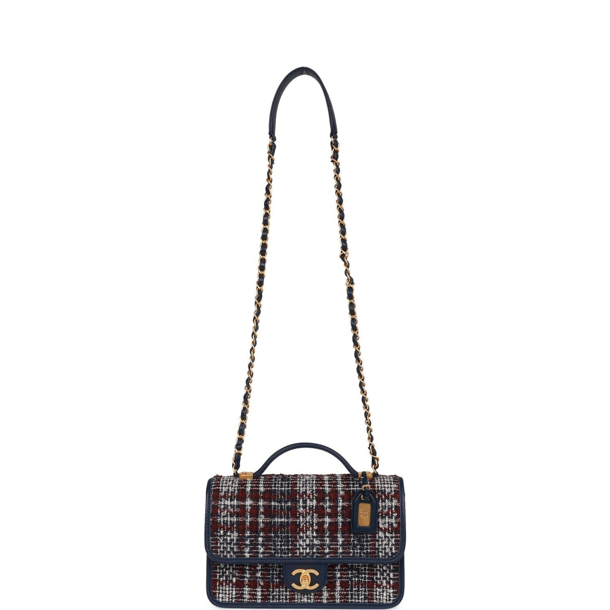 Chanel Medium School Memory Flap Bag with Top Handle Navy Multicolor Tweed Aged Gold Hardware
