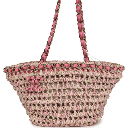 Chanel Small Crochet Shopping Tote Pink and Beige Woven Gold Hardware