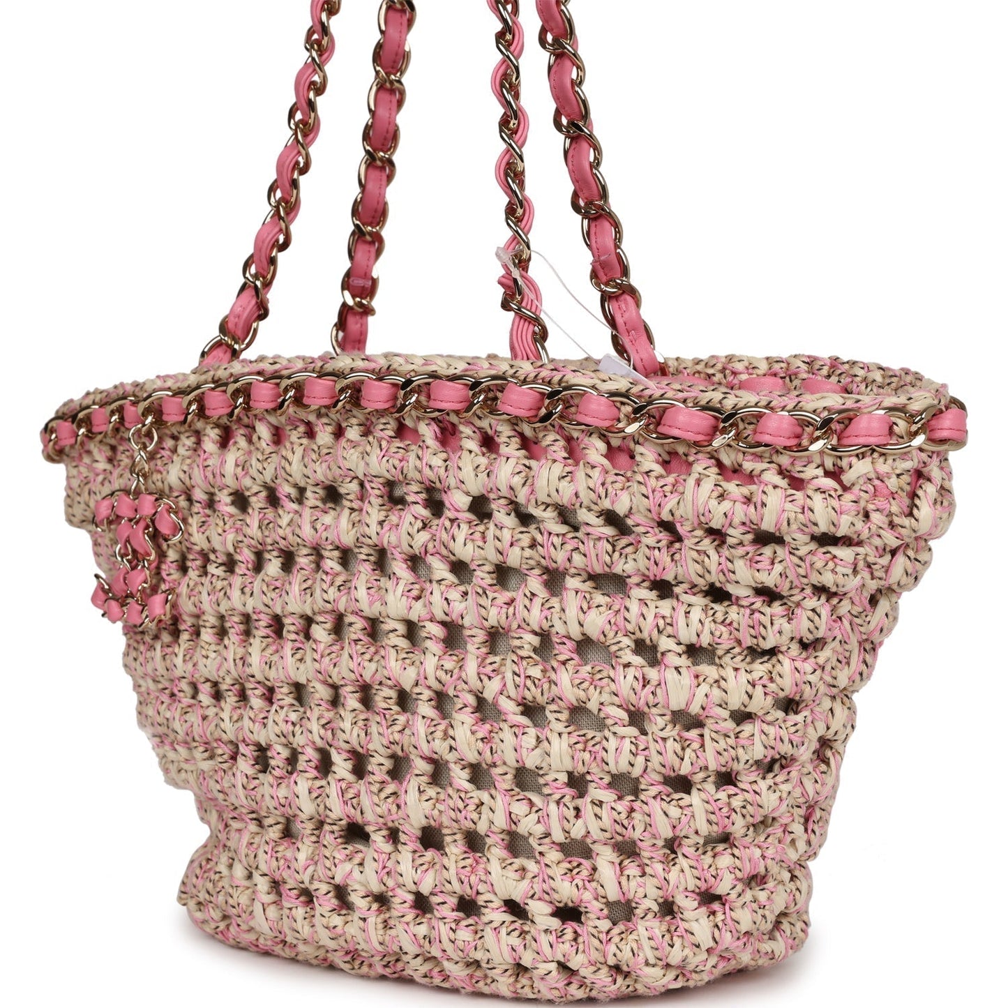 Chanel Small Crochet Shopping Tote Pink and Beige Woven Gold Hardware