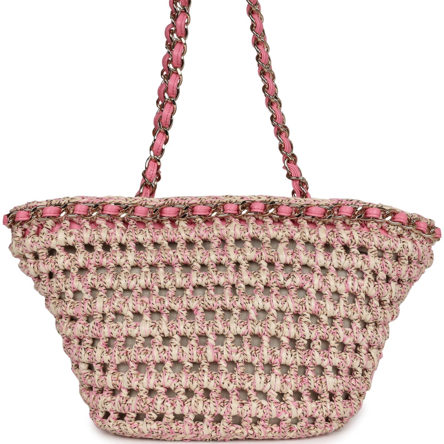 Chanel Small Crochet Shopping Tote Pink and Beige Woven Gold Hardware