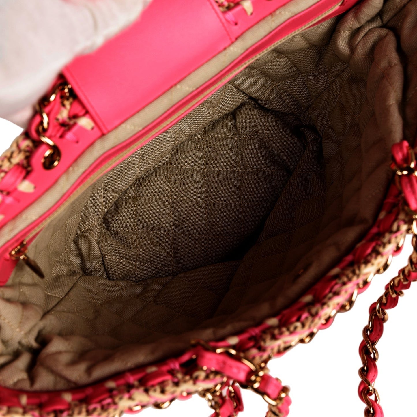 Chanel Small Crochet Shopping Tote Pink and Beige Woven Gold Hardware