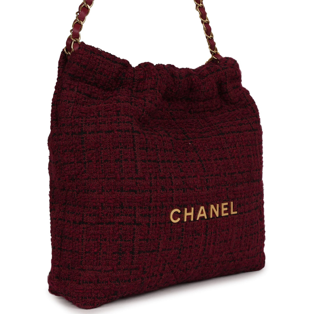 Chanel Small 22 Bag Burgundy and Black Tweed Gold Hardware