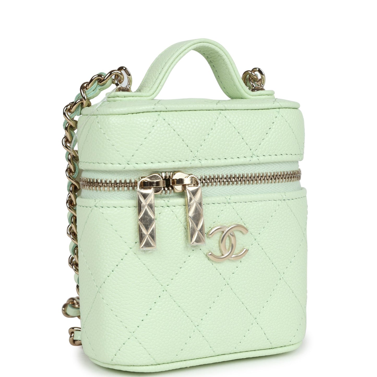 Chanel Mini Top Handle Crossbody Vanity Case Light Green Caviar Gold Hardware