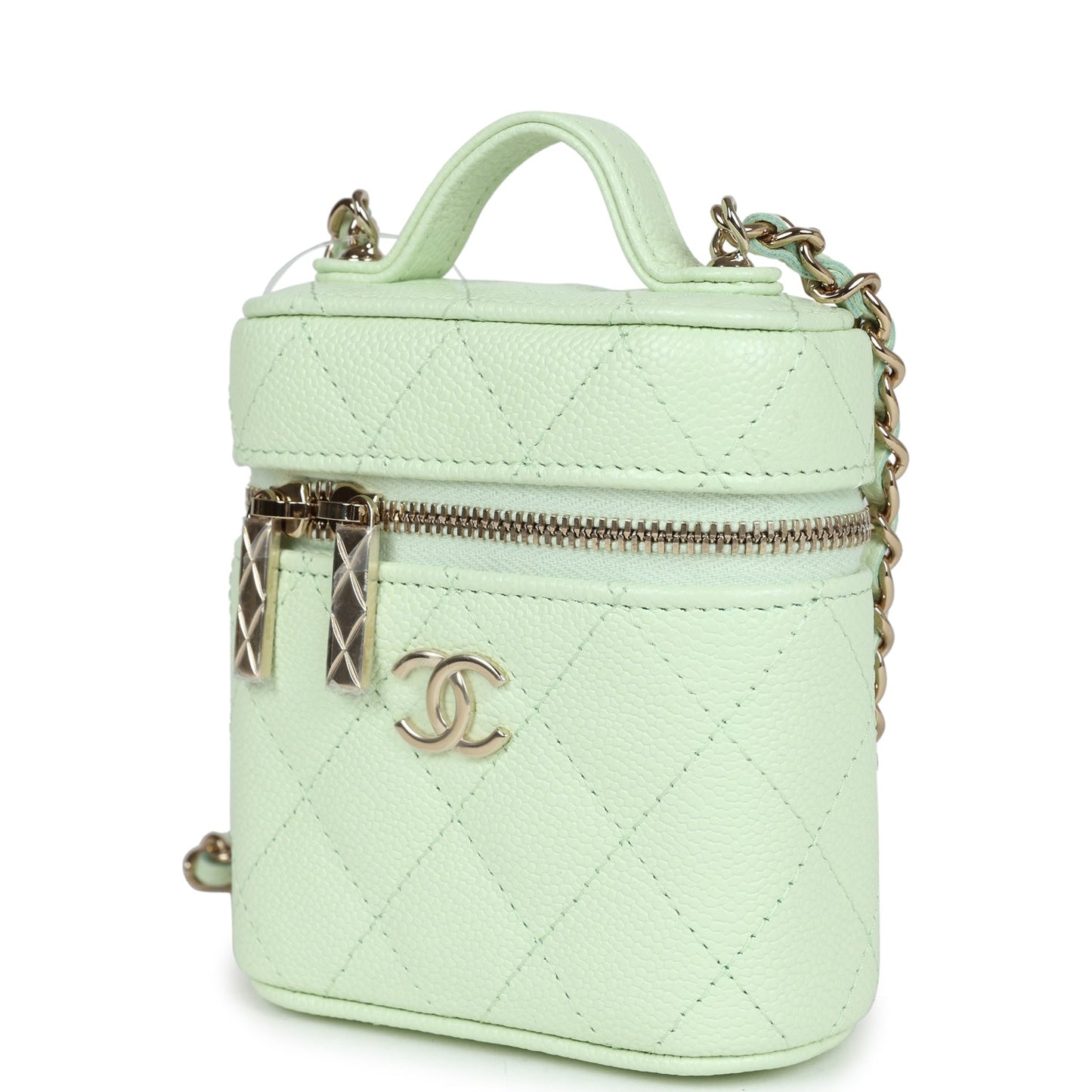 Chanel Mini Top Handle Crossbody Vanity Case Light Green Caviar Gold Hardware