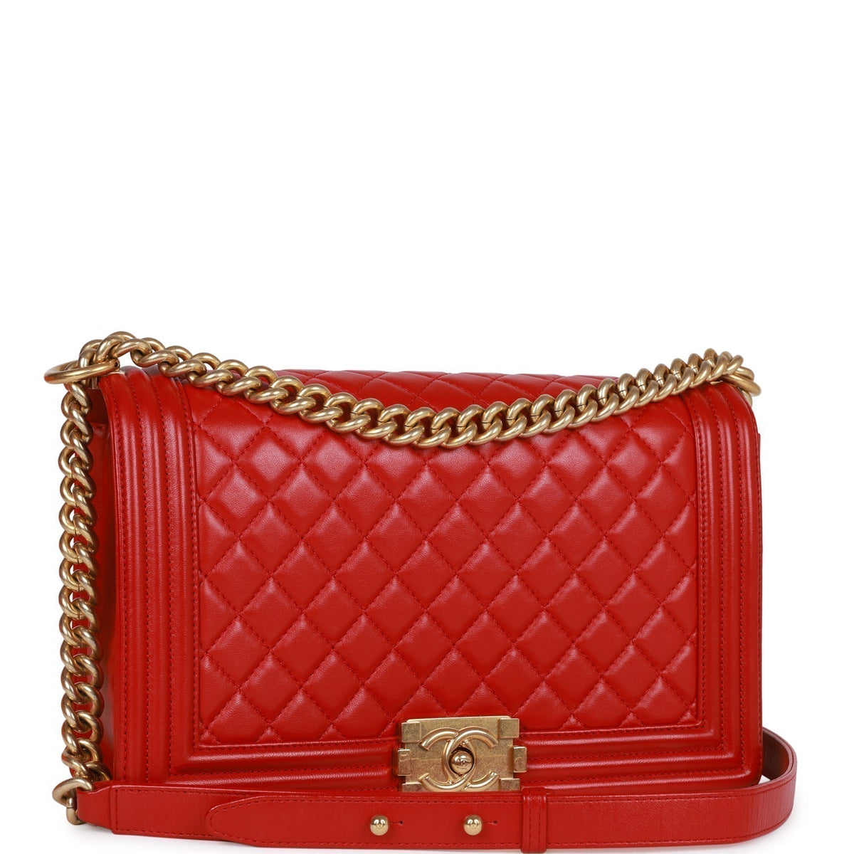 Chanel New Medium Boy Bag Red Lambskin Antique Gold Hardware