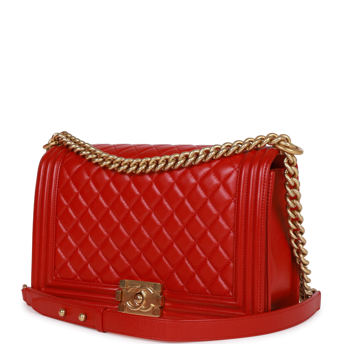 Chanel New Medium Boy Bag Red Lambskin Antique Gold Hardware