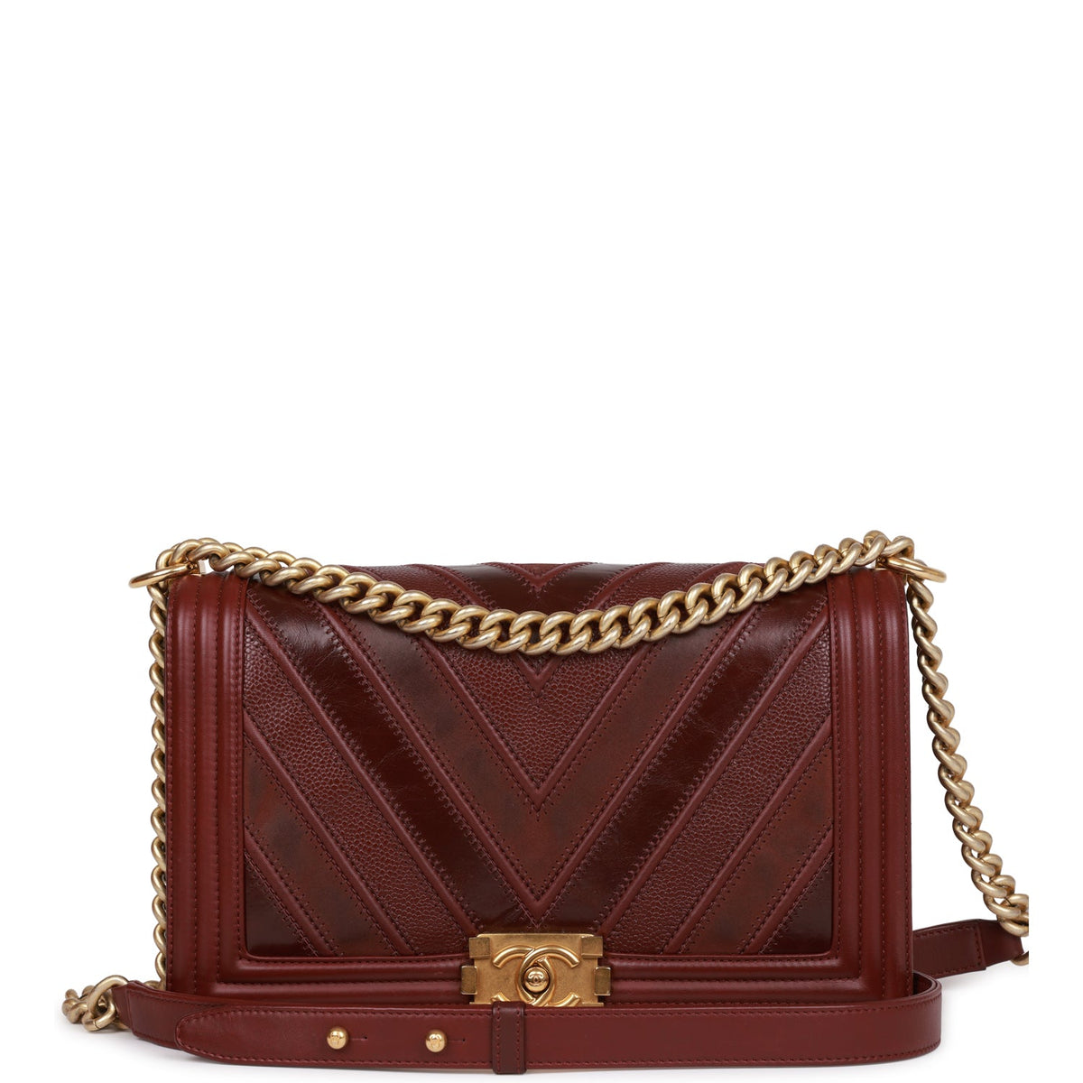 Chanel New Medium Boy Bag Burgundy Chevron Antique Gold Hardware