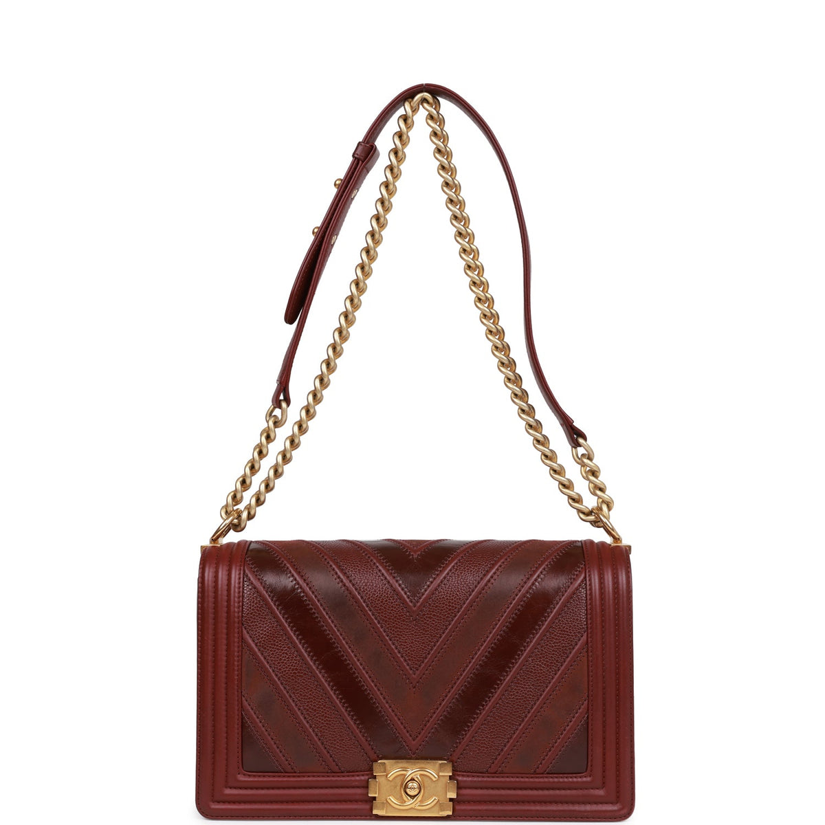Chanel New Medium Boy Bag Burgundy Chevron Antique Gold Hardware