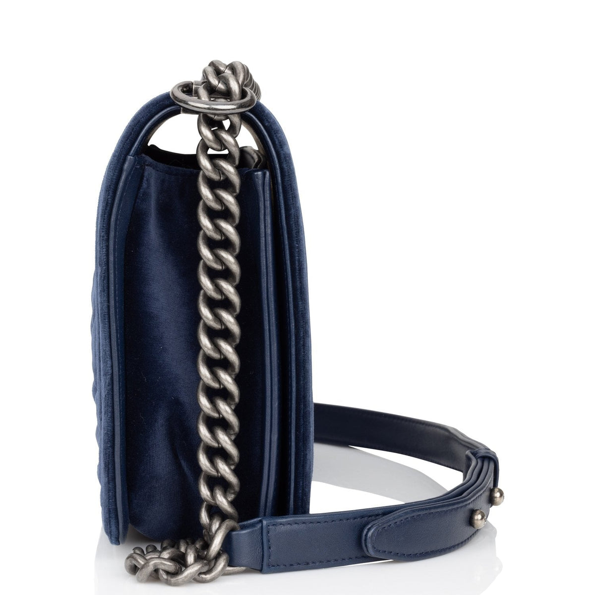 Chanel Large Boy Bag Blue Velvet Ruthenium Hardware