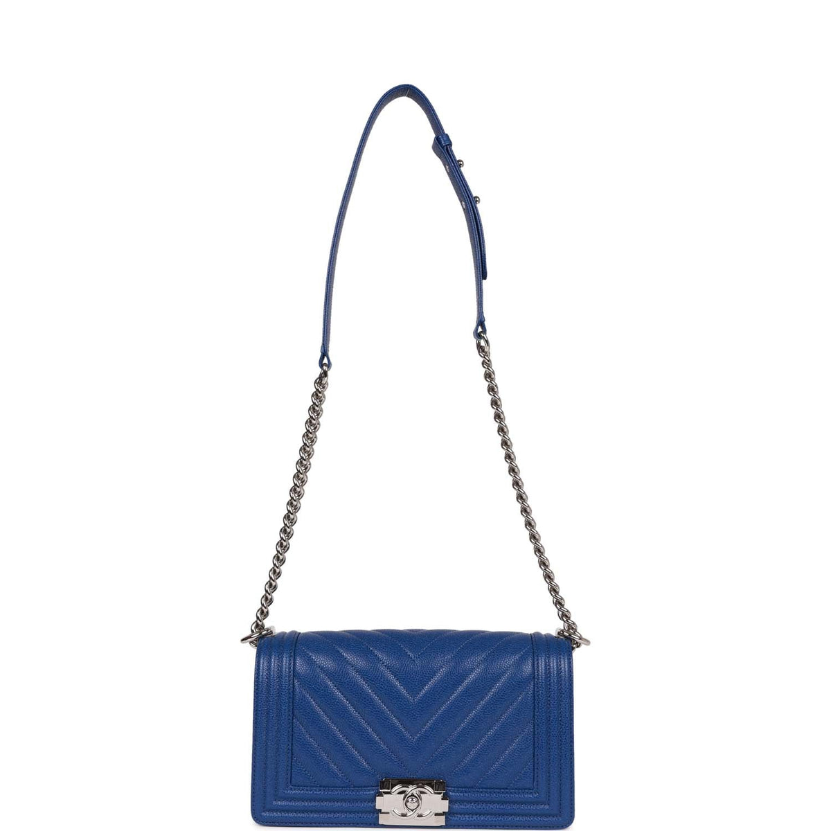 Chanel Medium Boy Bag Blue Chevron Caviar Silver Hardware