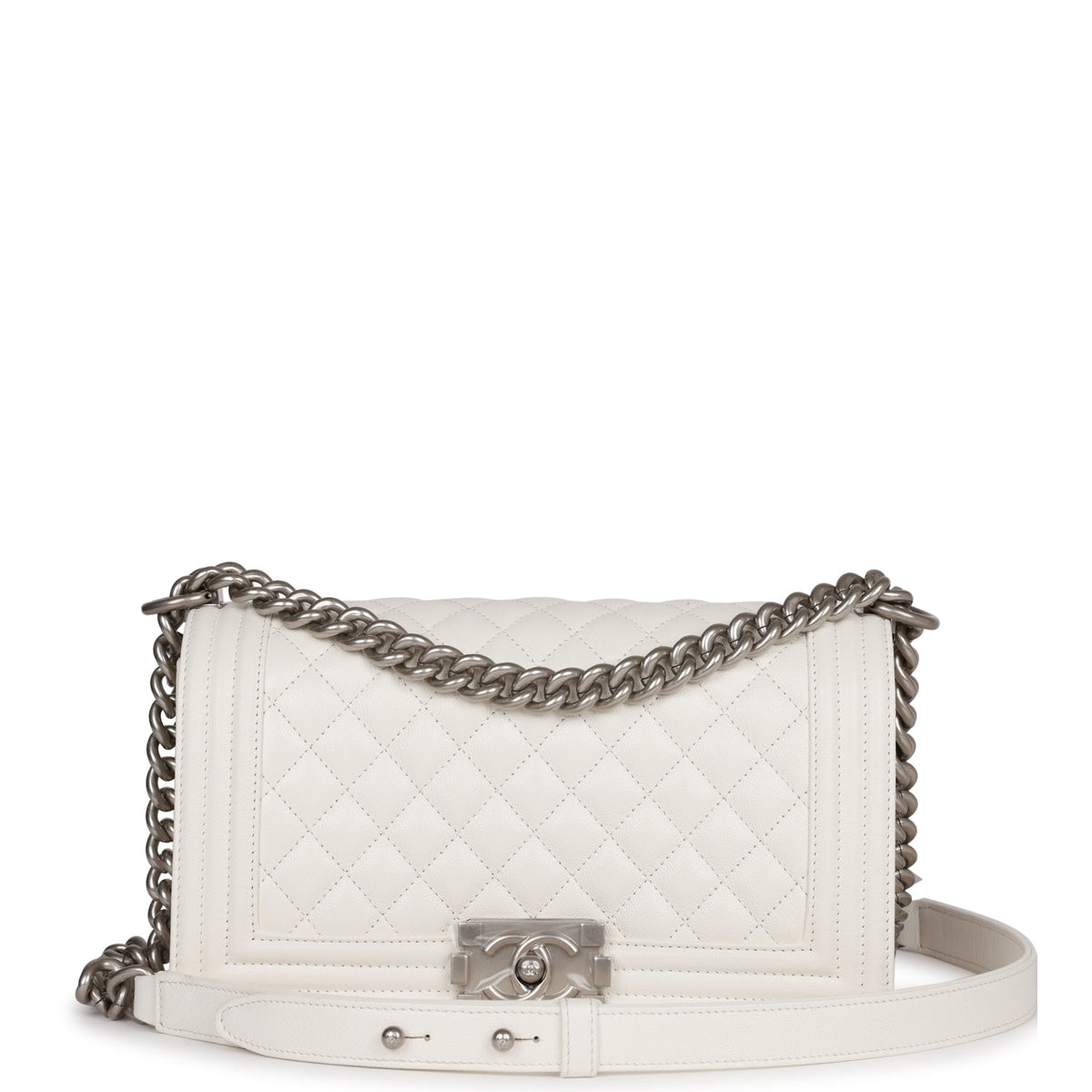 Chanel Medium Boy Bag White Caviar Aged Silver Hardware