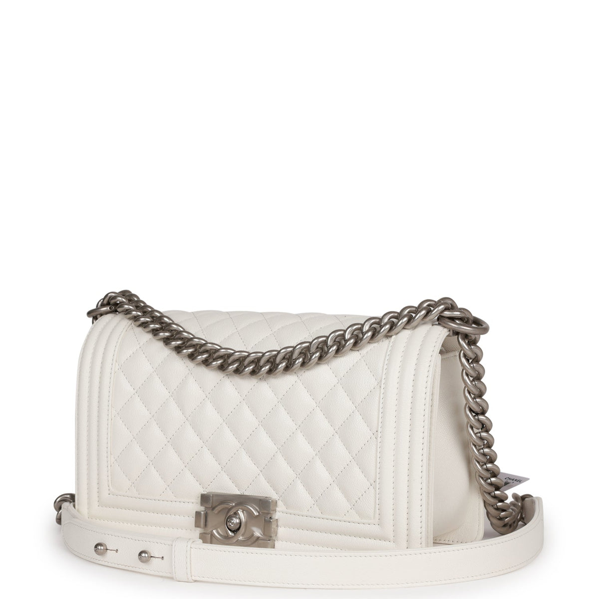 Chanel Medium Boy Bag White Caviar Aged Silver Hardware