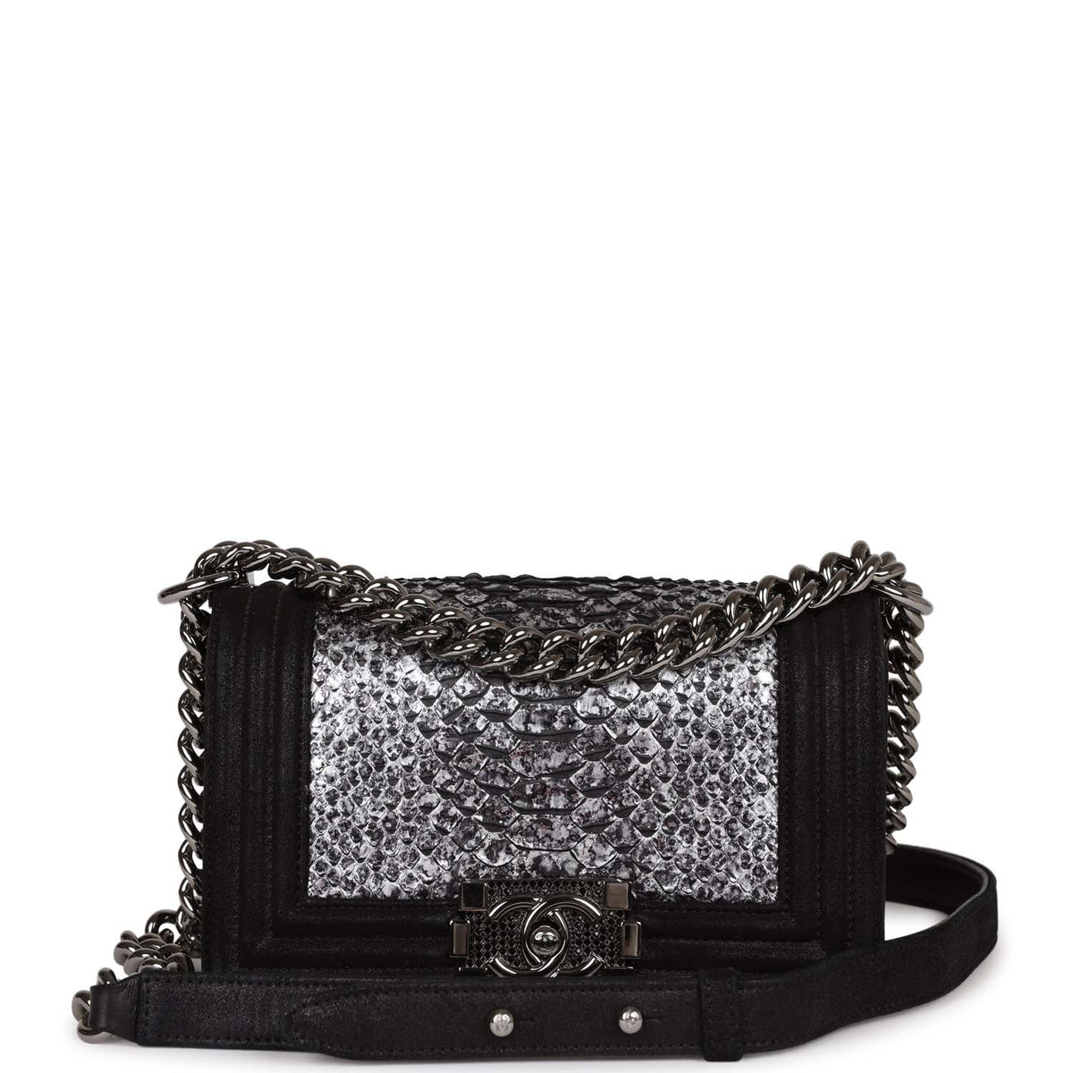 Chanel Small Boy Bag Black Suede and Silver Python Silver Hardware