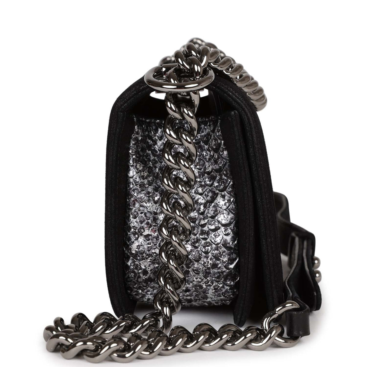 Chanel Small Boy Bag Black Suede and Silver Python Silver Hardware