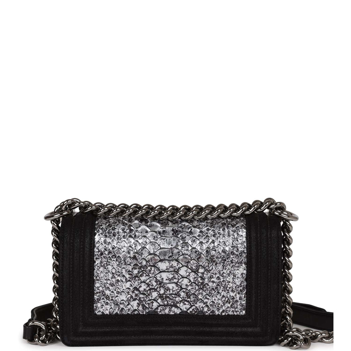 Chanel Small Boy Bag Black Suede and Silver Python Silver Hardware