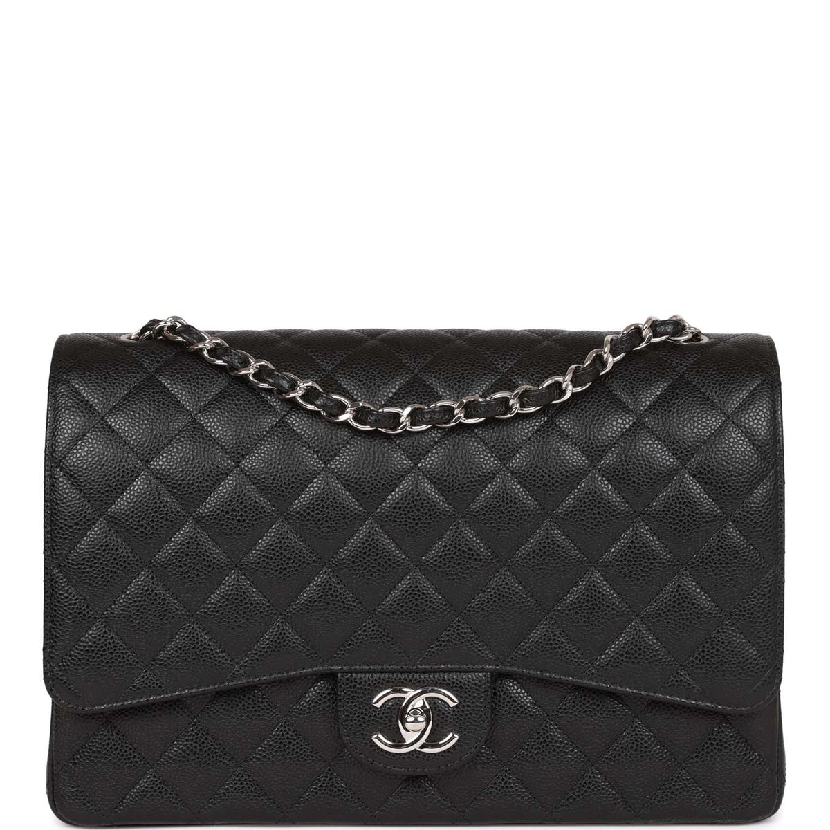 Chanel Maxi Classic Double Flap Bag Black Quilted Caviar Silver Hardware