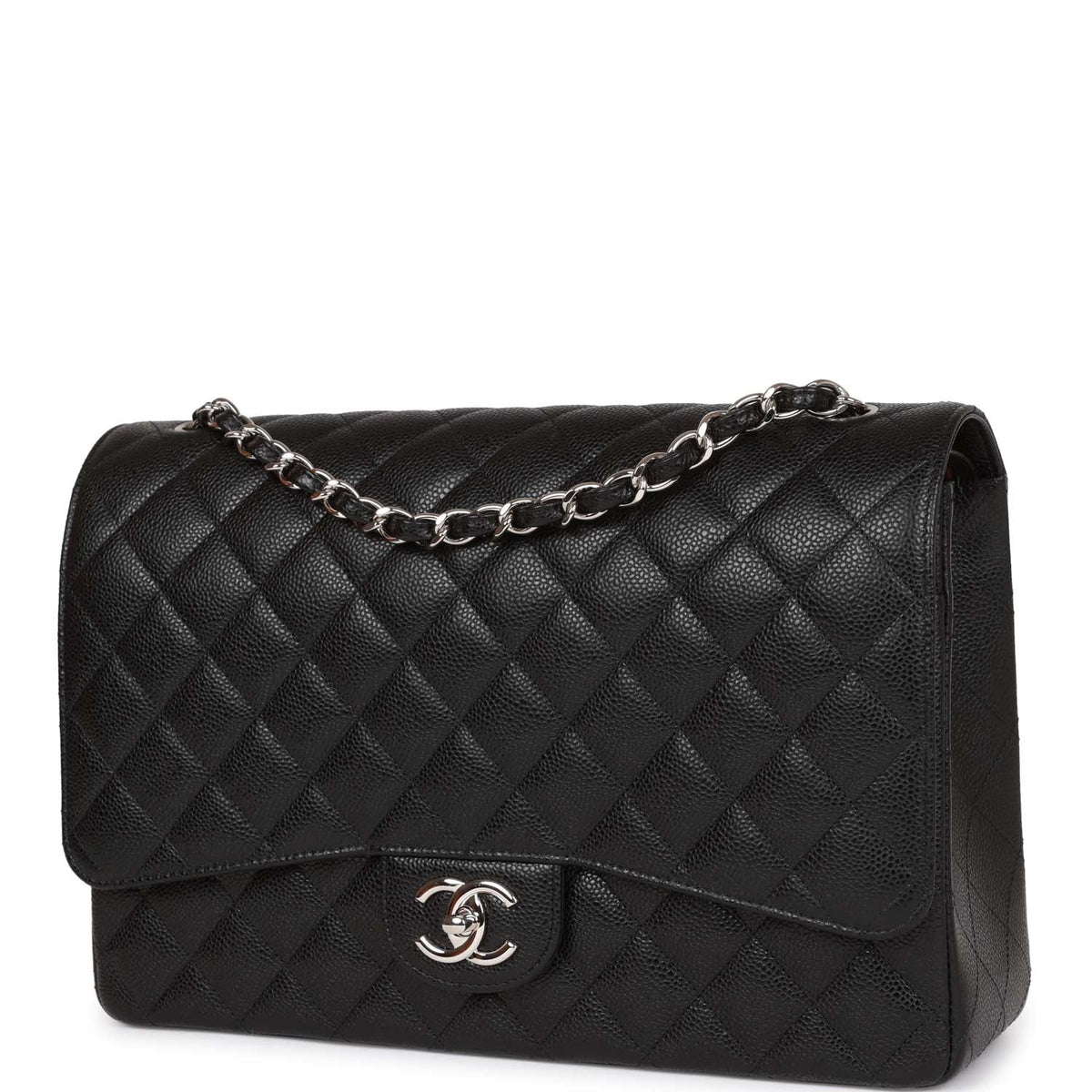 Chanel Maxi Classic Double Flap Bag Black Quilted Caviar Silver Hardware