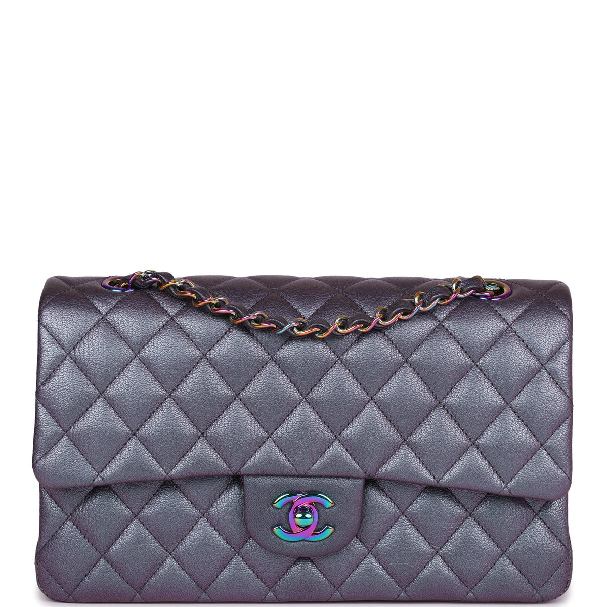 Chanel Medium Classic Double Flap Bag Iridescent Purple Mermaid Goatskin Rainbow Hardware