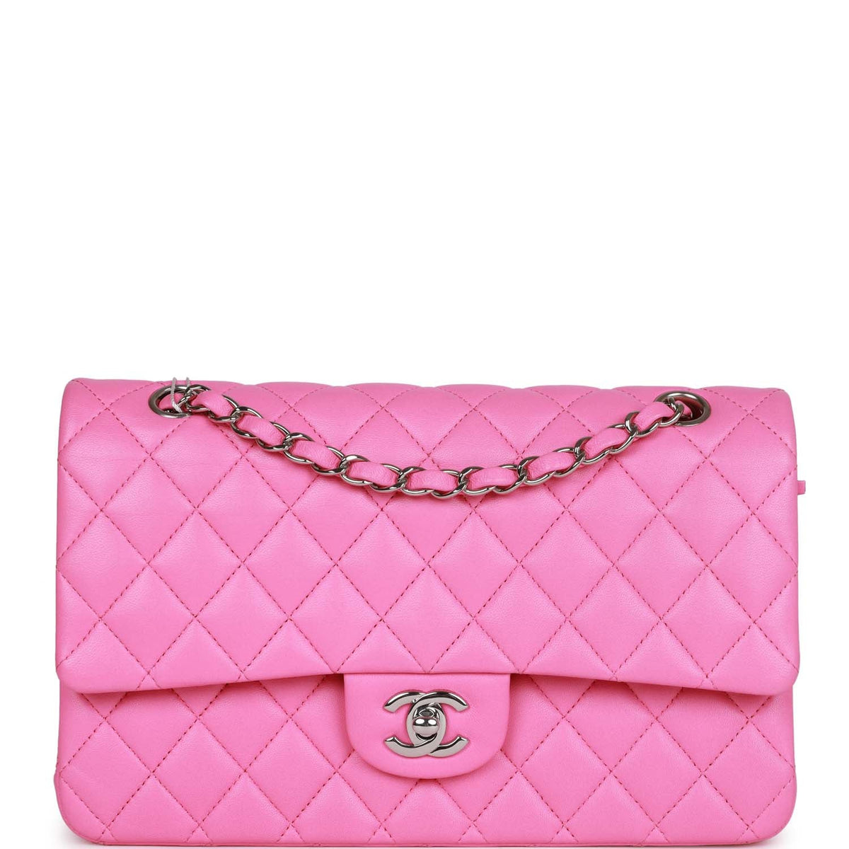 Chanel Medium Classic Double Flap Bag Neon Pink Lambskin Silver Hardware