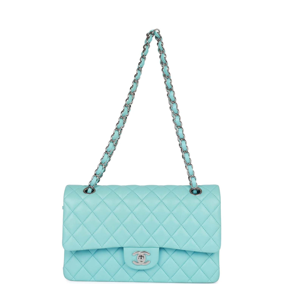 Chanel Medium Classic Double Flap Bag Blue Lambskin Silver Hardware