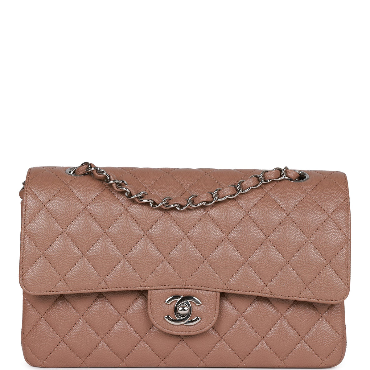 Chanel Medium Classic Double Flap Bag Beige Caviar Silver Hardware