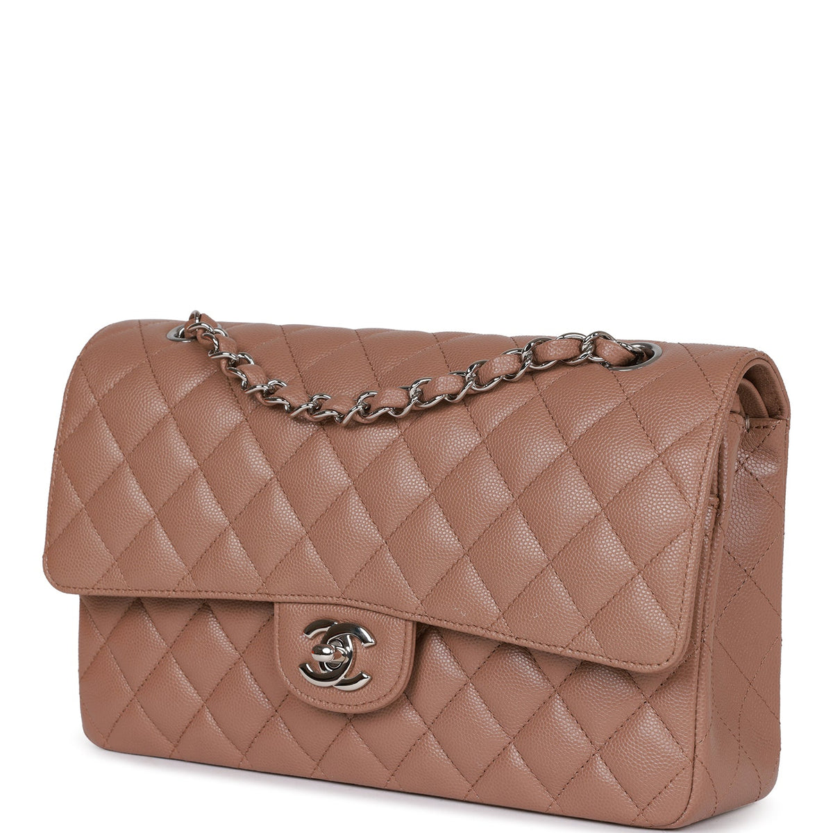 Chanel Medium Classic Double Flap Bag Beige Caviar Silver Hardware