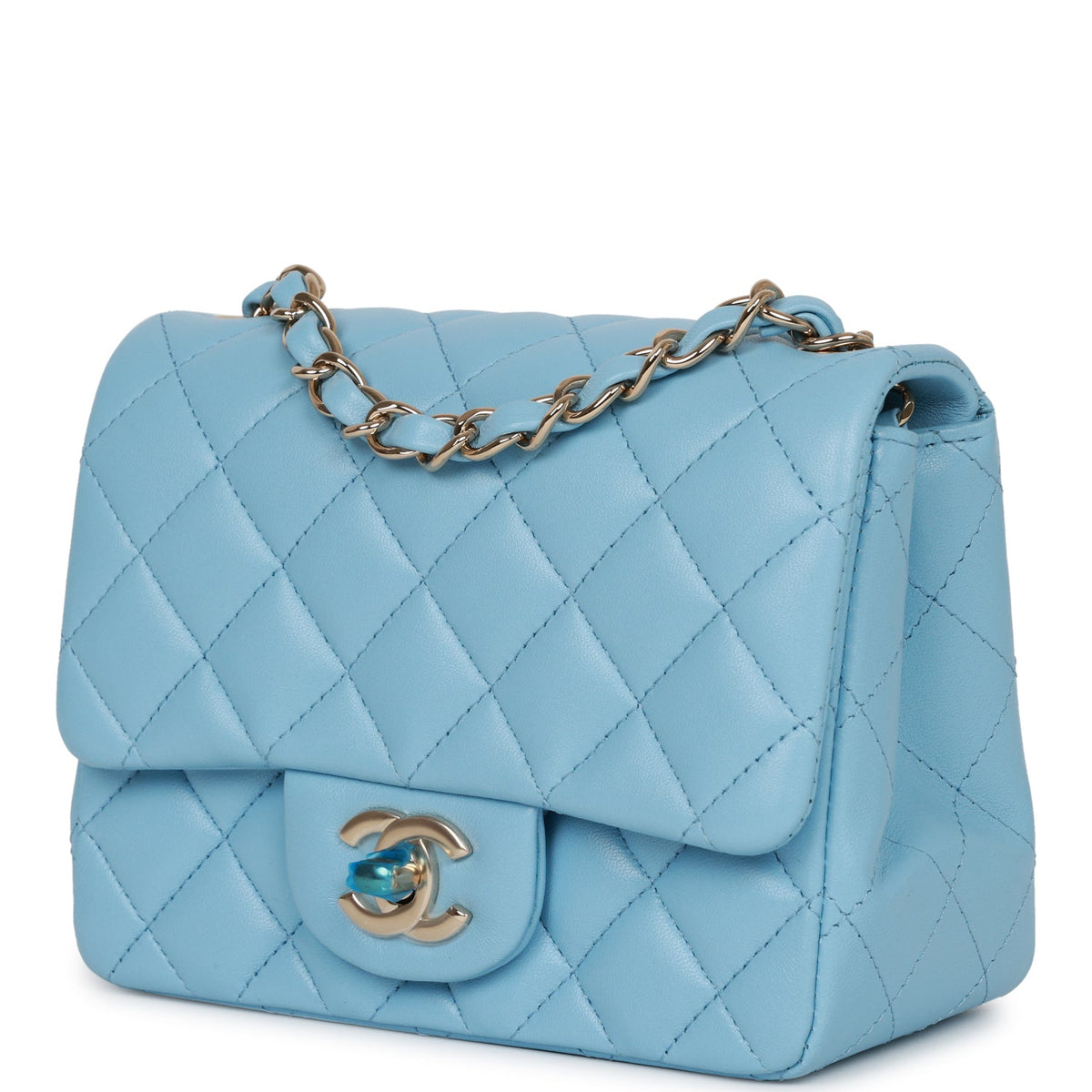 Chanel Mini Square Flap Bag Blue Lambskin Light Gold Hardware