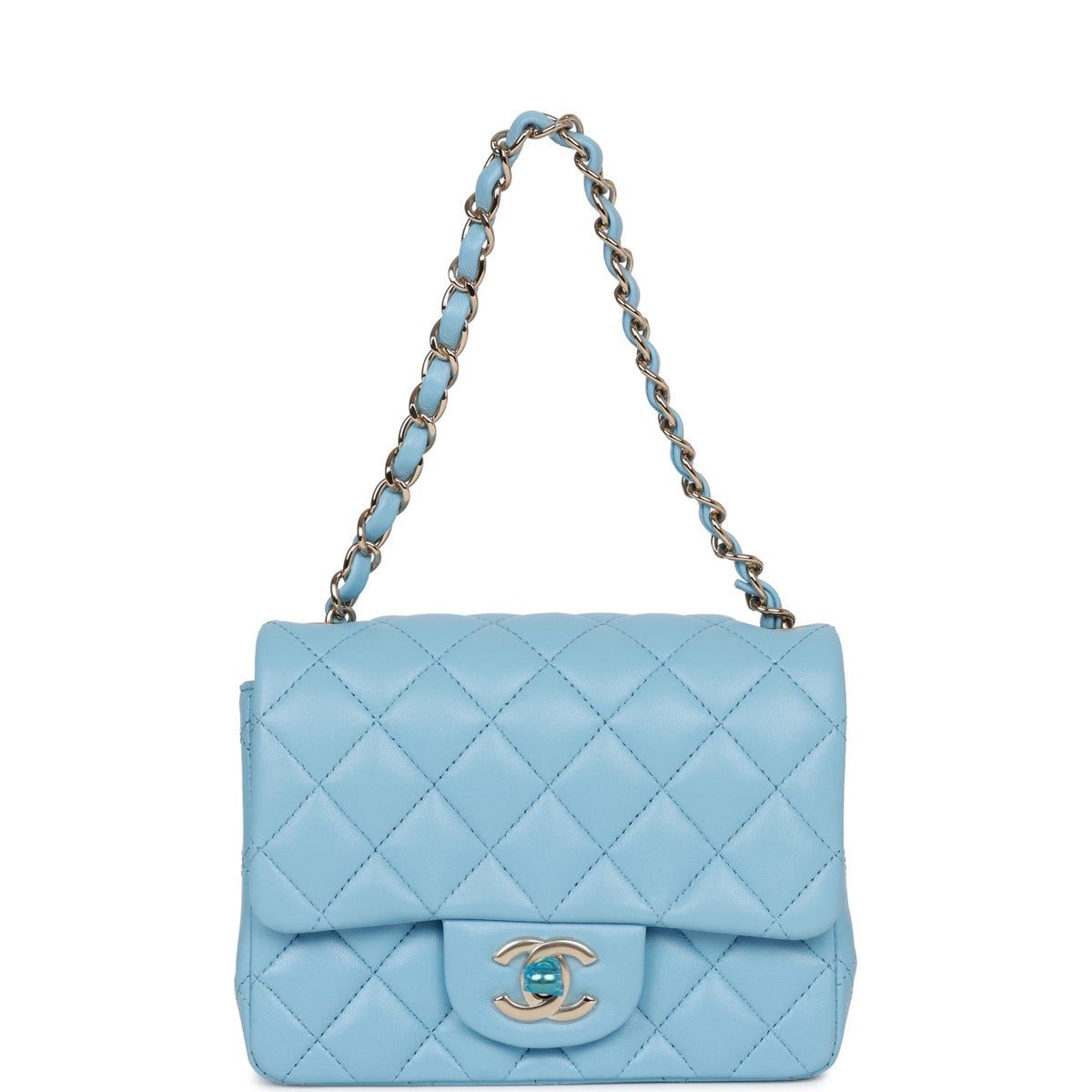 Chanel Mini Square Flap Bag Blue Lambskin Light Gold Hardware