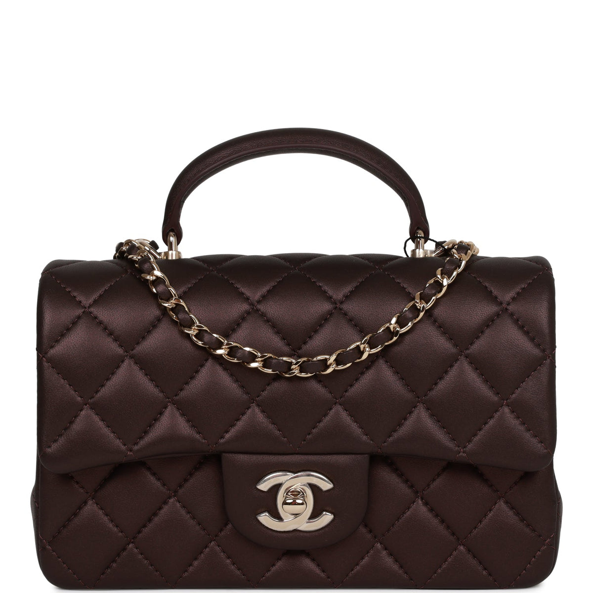 Chanel Mini Rectangular Flap Bag with Top Handle Burgundy Lambskin Light Gold Hardware
