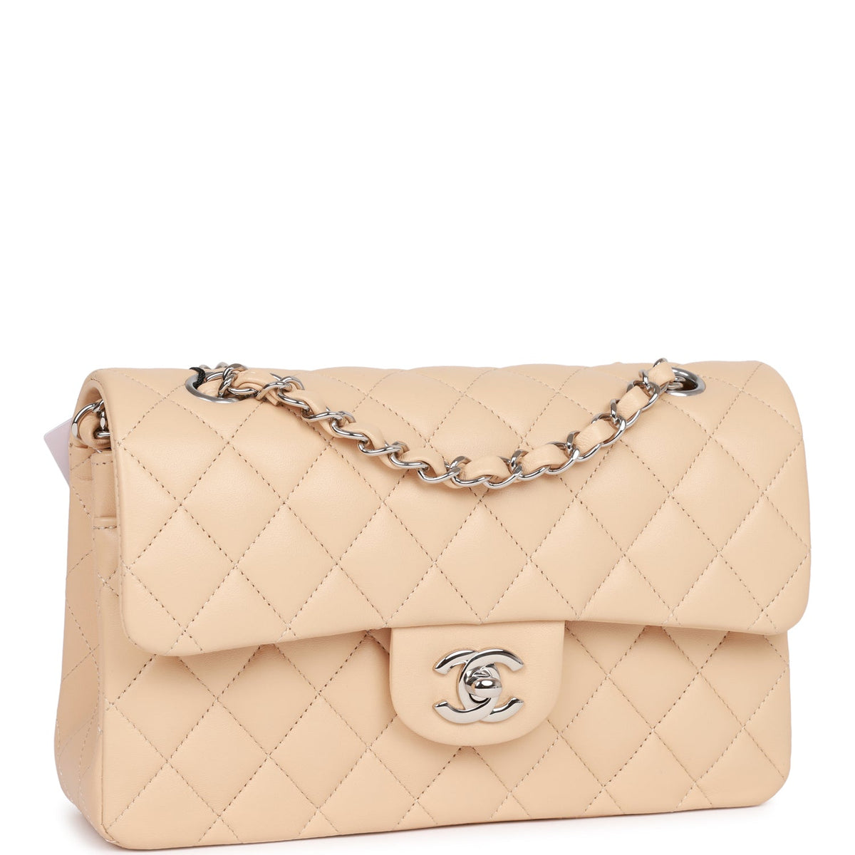 Chanel Small Classic Double Flap Beige Lambskin Silver Hardware