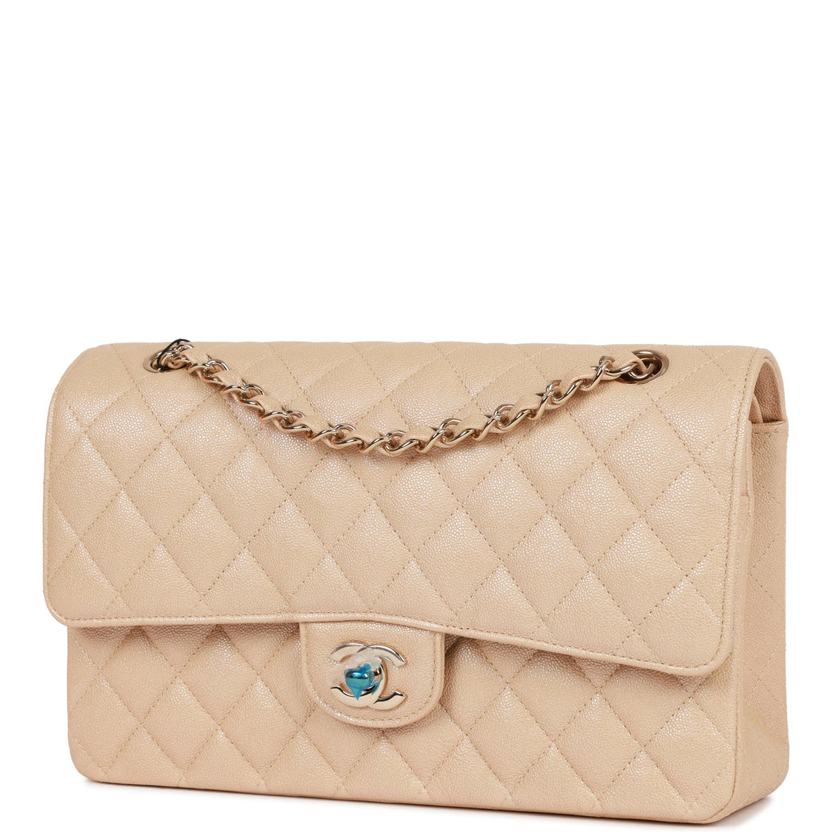 Chanel Medium Classic Double Flap Bag Beige Iridescent Caviar Light Gold Hardware