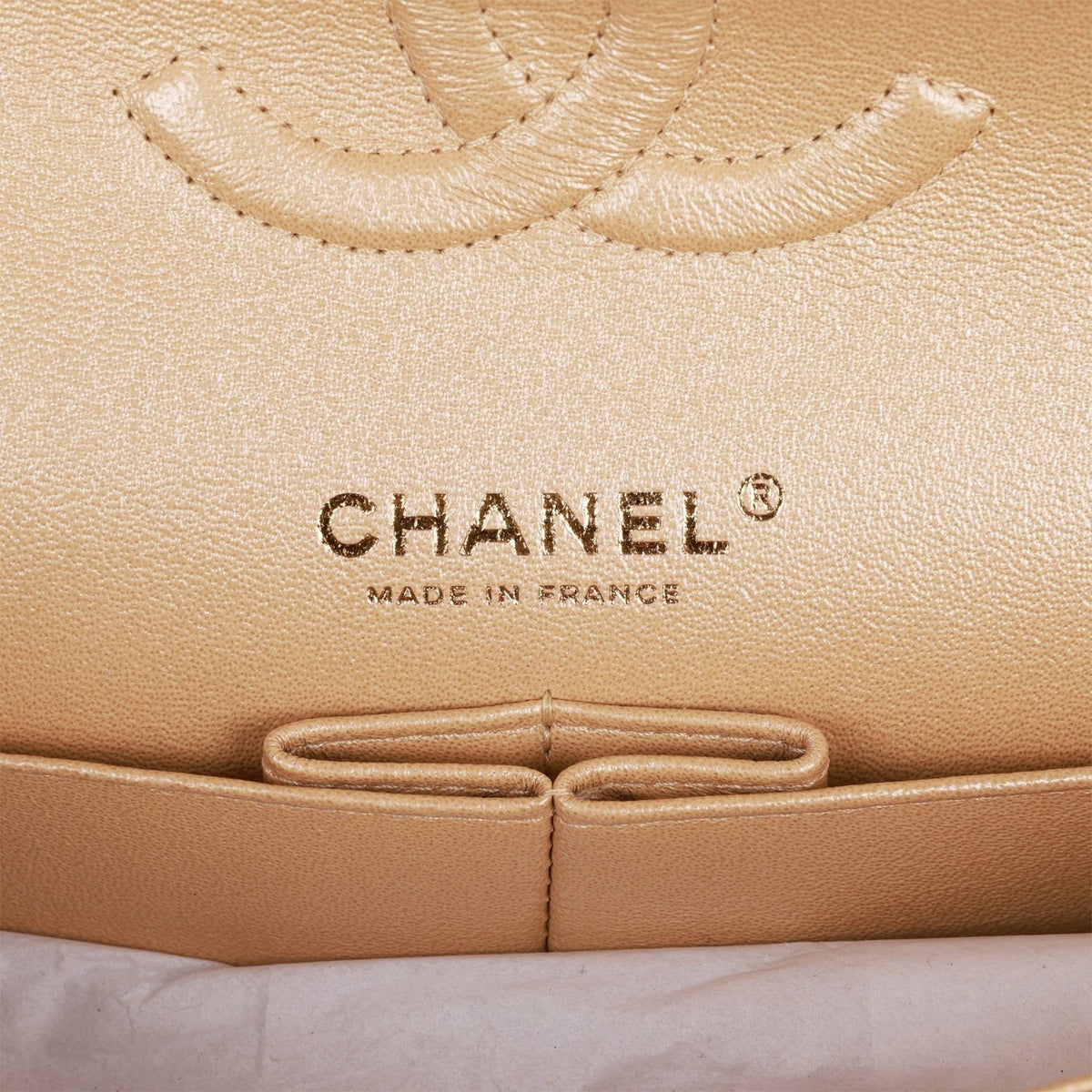Chanel Medium Classic Double Flap Bag Beige Iridescent Caviar Light Gold Hardware