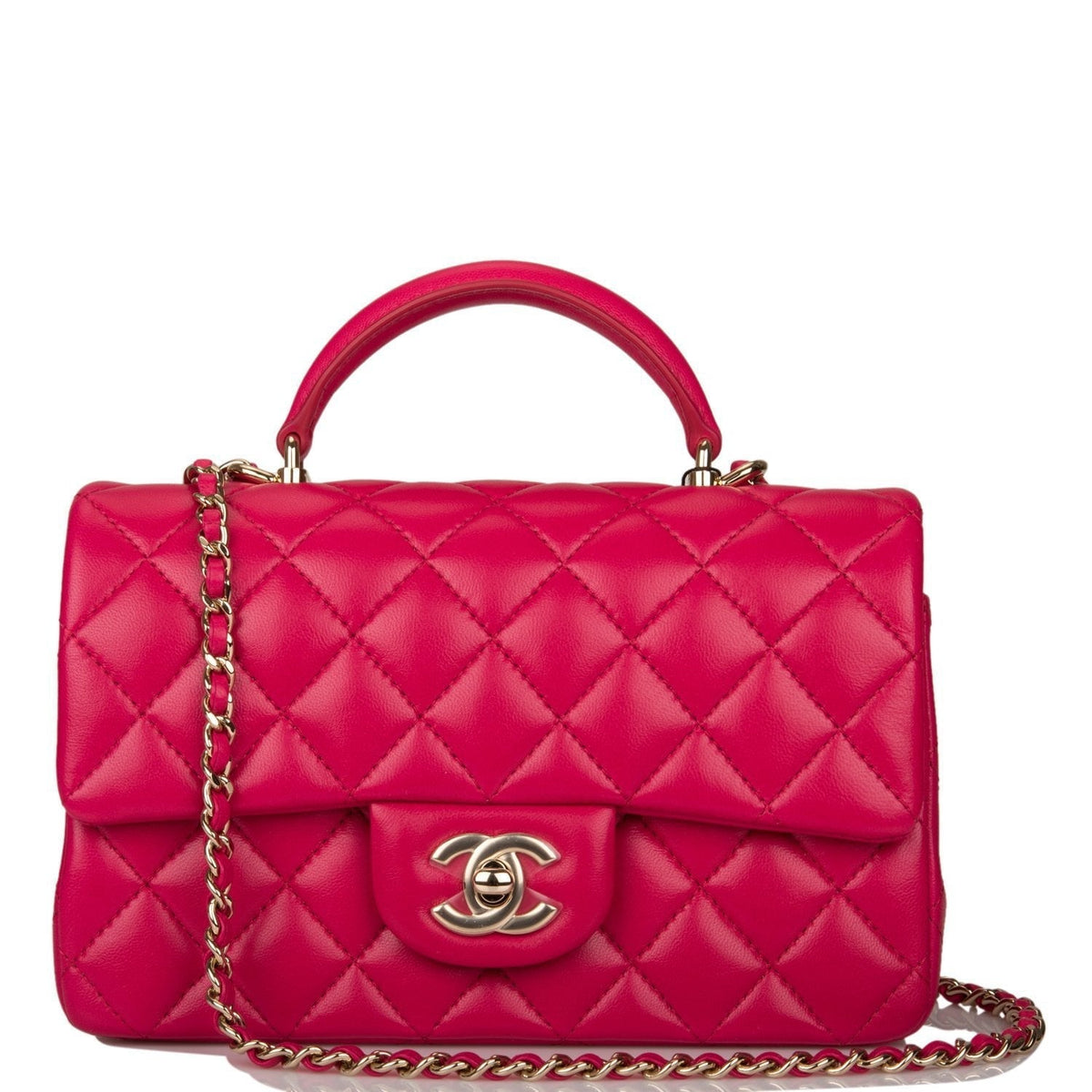 Chanel Mini Rectangular Flap with Top Handle Dark Pink Lambskin Light Gold Hardware