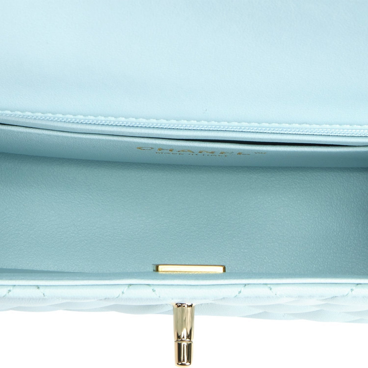 Chanel Mini Rectangular Flap with Top Handle Light Blue Lambskin Light Gold Hardware