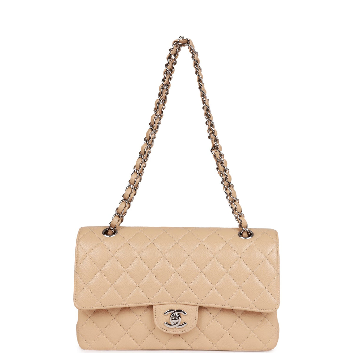 Chanel Medium Classic Double Flap Bag Beige Caviar Silver Hardware