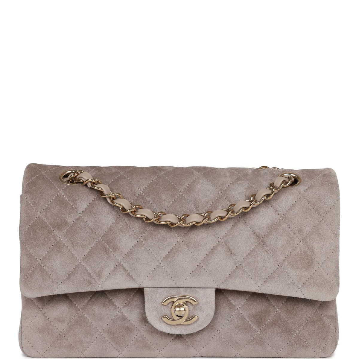Chanel Medium Classic Double Flap Bag Grey Suede Light Gold Hardware
